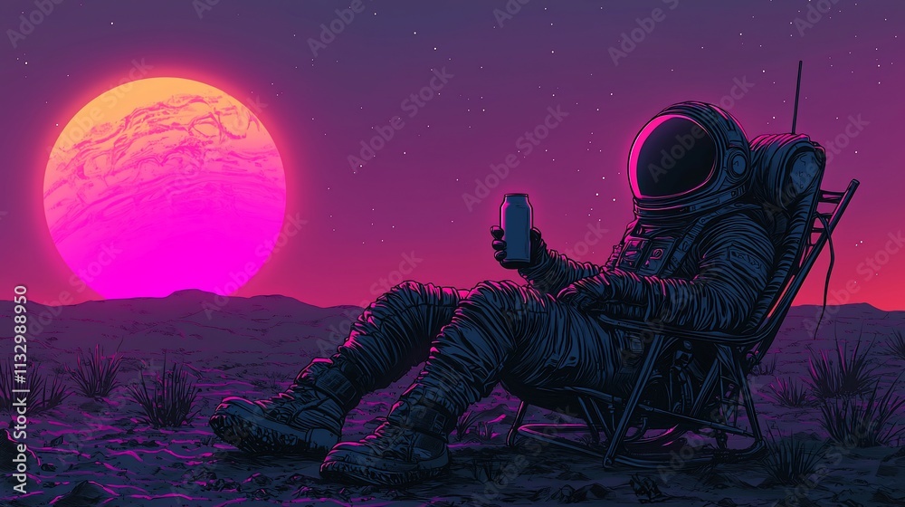 Fototapeta premium Astronaut relaxing in a chair on an alien planet with a pink sun, enjoying a drink.