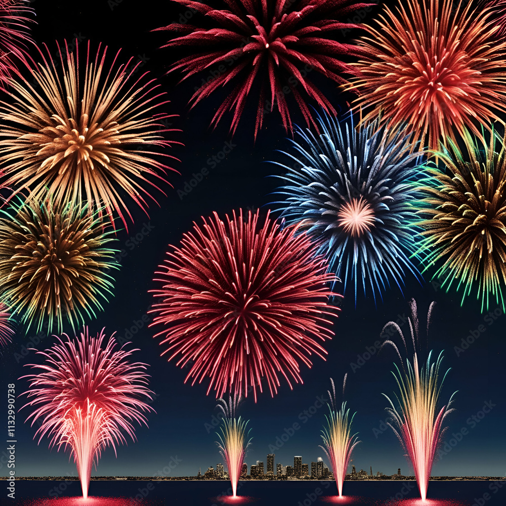 Fototapeta premium a night sky filled with vibrant, colorful fireworks exploding in various patterns