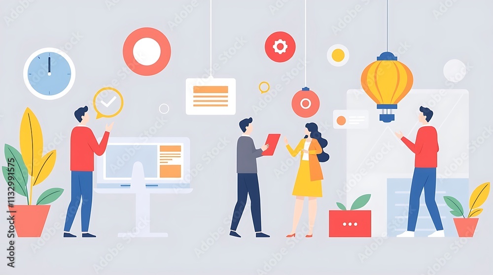 Obraz premium Teamwork Makes the Dream Work: A vibrant illustration depicting a collaborative team in a modern workspace, showcasing effective communication and project management. 