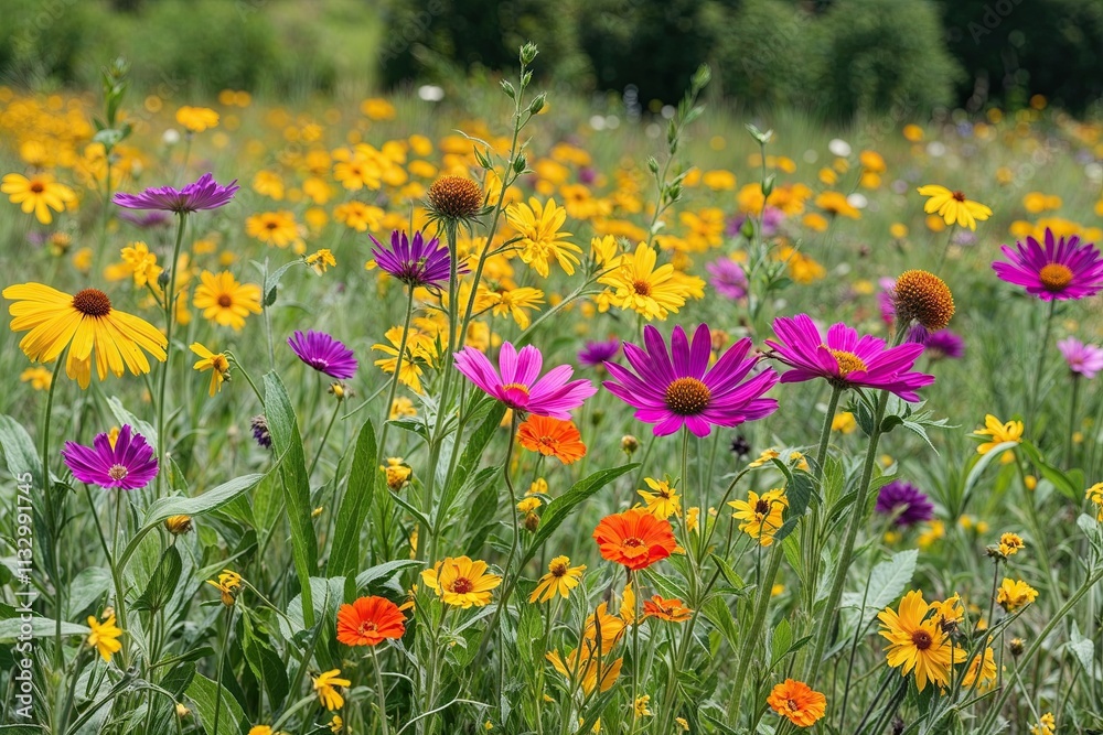 Fototapeta premium Colorful Wildflower Meadow Landscape Banner with Clear Sky Background