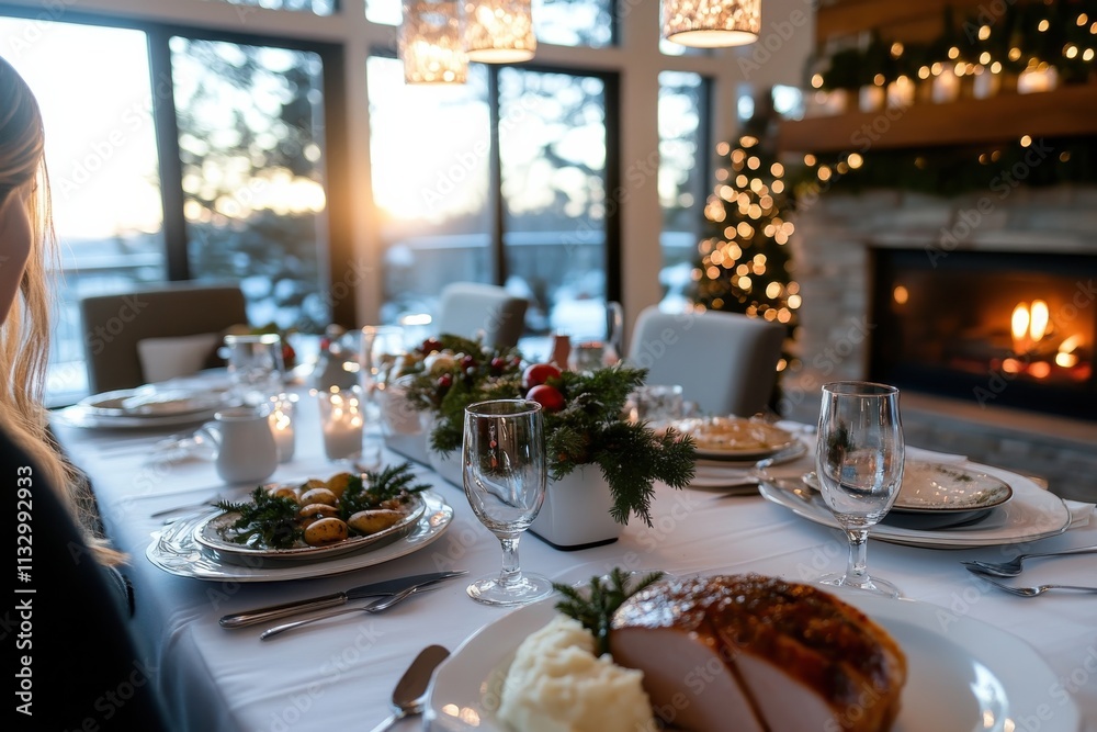 Fototapeta premium A charming dinner table set for a sunset meal, featuring a roast ham, mashed potatoes, and a cozy atmosphere created by soft lighting and outdoor scenery.