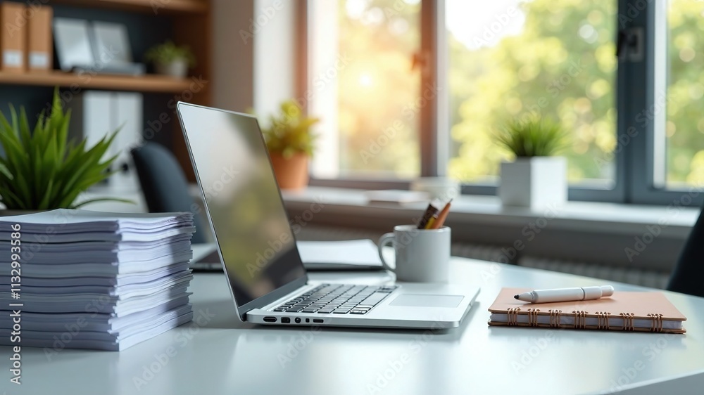 Fototapeta premium Organized Modern Workspace, Productivity, Paperwork, Laptop, Bright Office