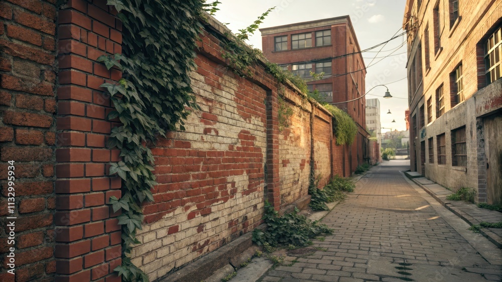 Fototapeta premium Rustic Brick Wall with Ivy in Urban Alleyway