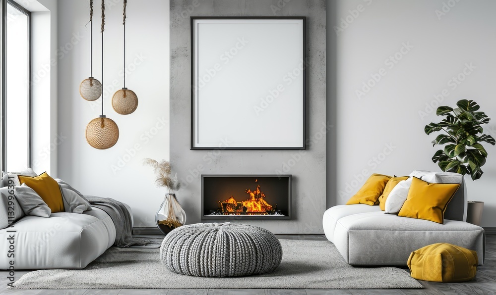 Comfortable stylish Scandinavian living area with grey sofas and orange pillows near round knitted pouf, fireplace decor and blank picture frame on white wall