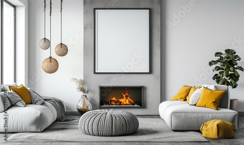 Obraz na płótnie Comfortable stylish Scandinavian living area with grey sofas and orange pillows near round knitted pouf, fireplace decor and blank picture frame on white wall w salonie