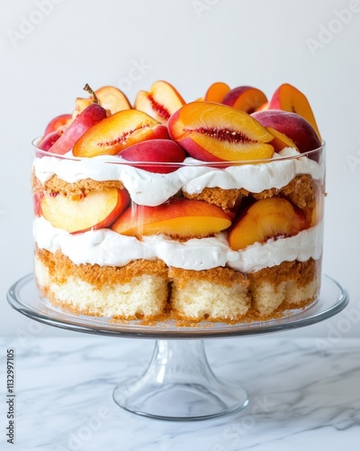 A layered dessert featuring cake, cream, and fresh peaches in a glass dish.