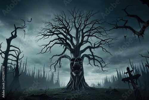 Sinister Skeletal Tree Isolated in Spooky Nature Setting photo