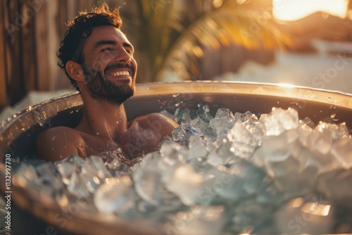 A smiling man sits in a plastic tub filled with ice cubes, surrounded by cheering friends on a sunny tropical beach with swaying palms.