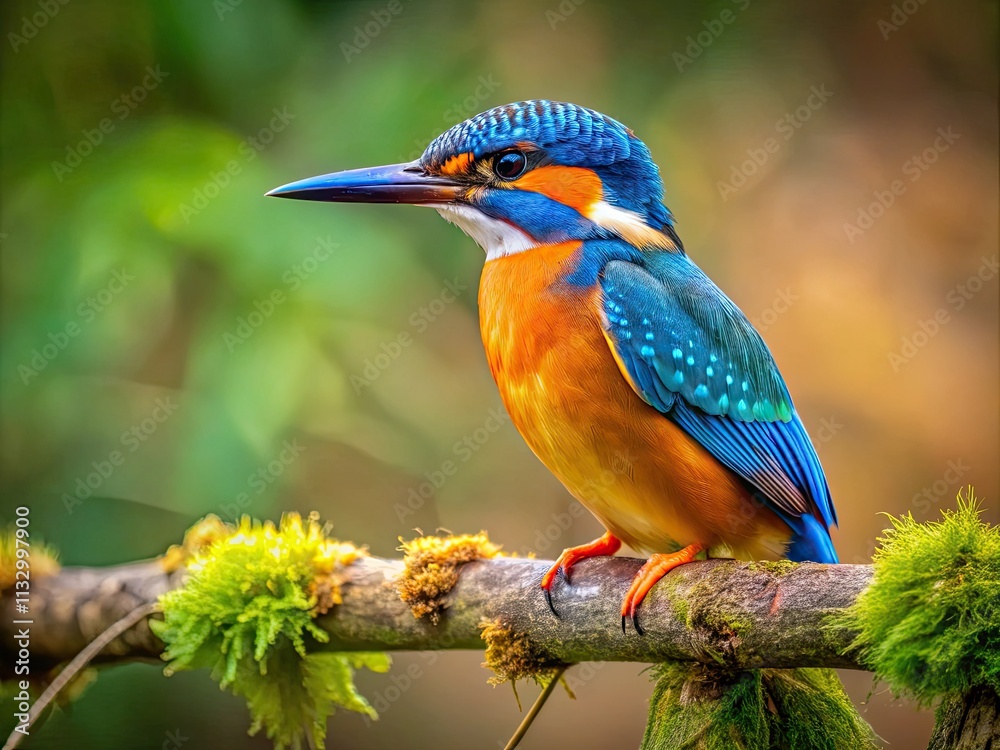Fototapeta premium A vibrant kingfisher, a splash of blue and orange, perches on a branch.