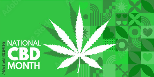 national CBD month. Stylized marijuana leaf, cannabis - banner, poster, vector illustration