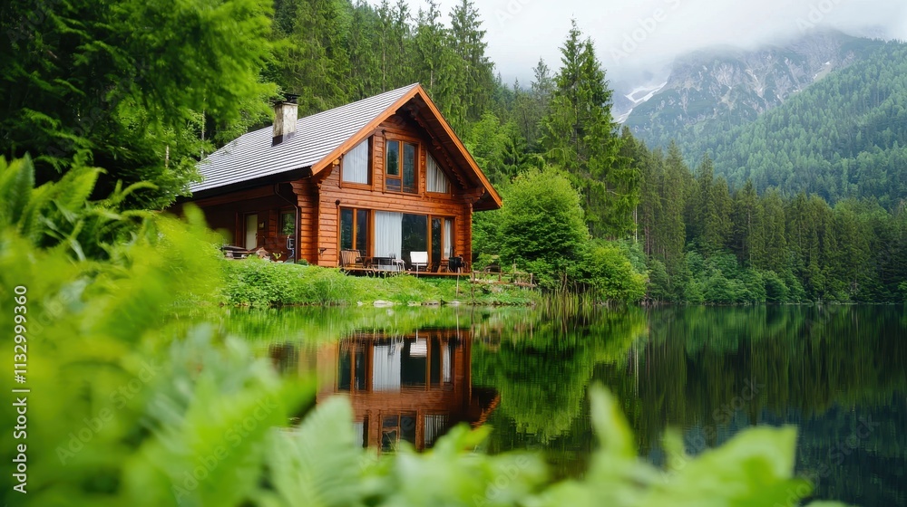 Fototapeta premium Tranquil Wooden Cabin Surrounded by Lush Greenery and Water