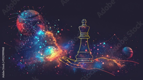 A hand holding a chess king piece against a nebula background. photo