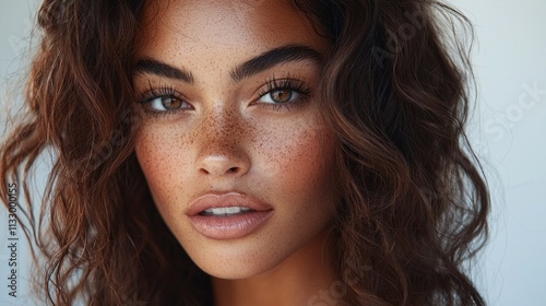 A woman stands gracefully, showcasing her voluminous foxy waves. Her striking features are illuminated by natural light, enhancing her freckles and captivating smile, radiating confidence and beauty photo