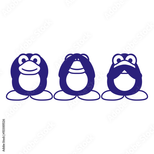 Three Wise Penguins Nothing No See Hear Say Team Design Lover Art Vector Illustration Card T-Shirt Poster Sticker Graphic Print Decorative Drawing Isolated Logo Decoration Symbol Creative Cool Style