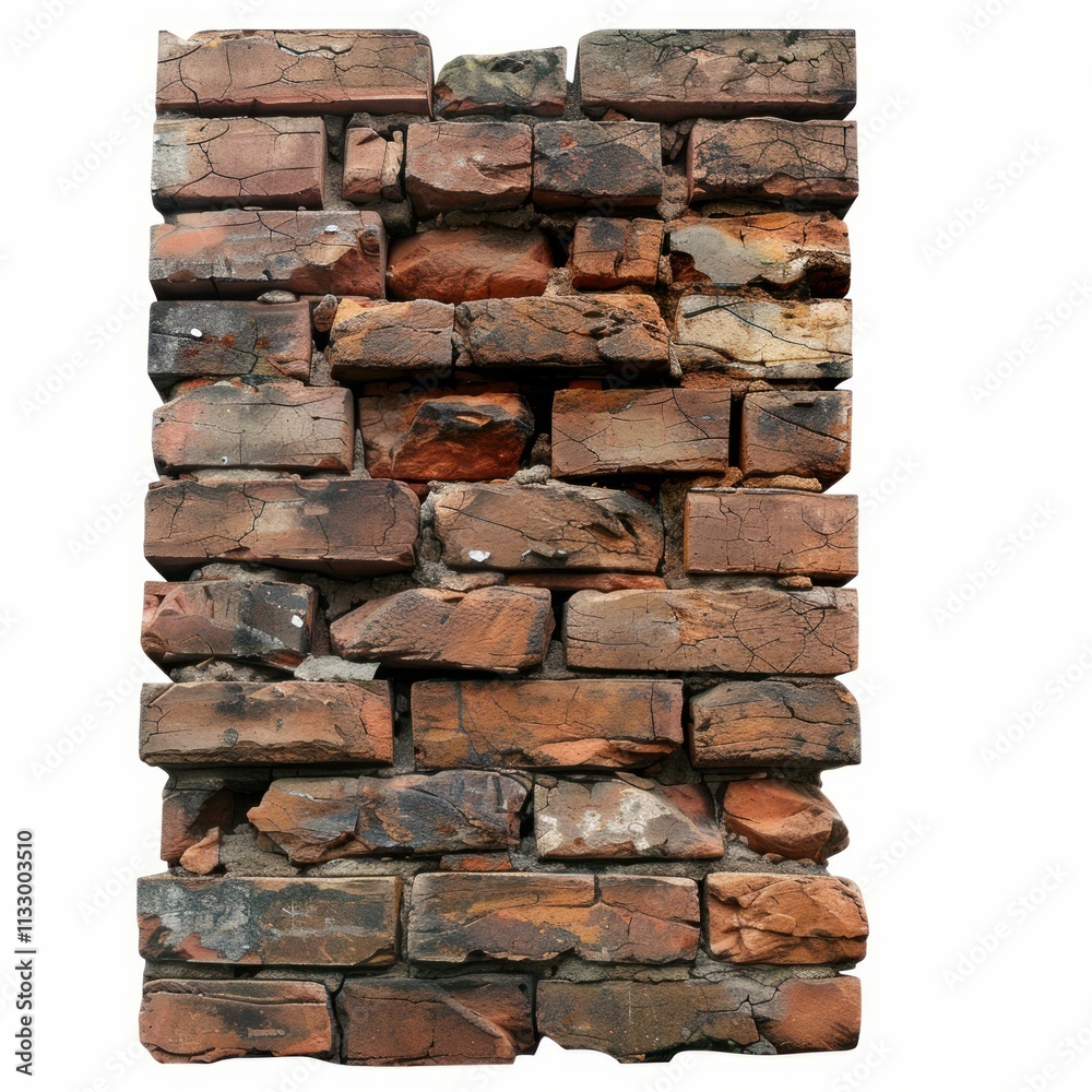Obraz premium Weathered and broken red brick wall section isolated on white background, showing signs of age, damage, and deterioration