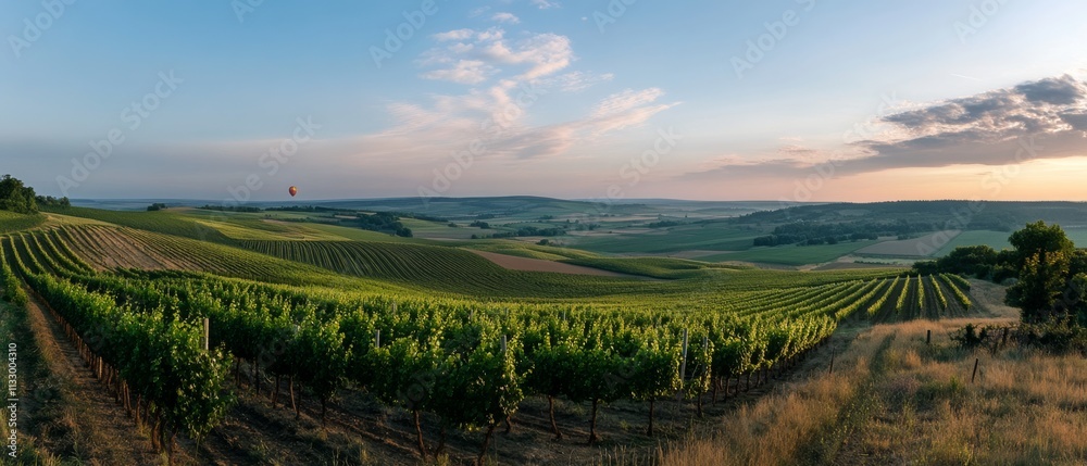 Fototapeta Rows of emerald vineyards stretch toward a horizon kissed by a soft blue sky, capturing the promise of nature in expansive, sunlit beauty.