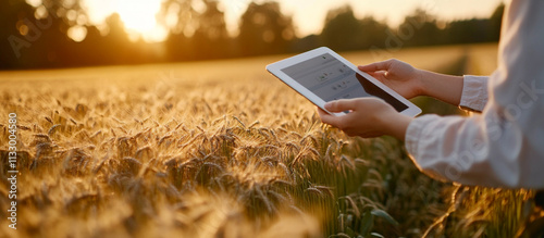 Digital tablet in hand, rye field view, smart agriculture innovation