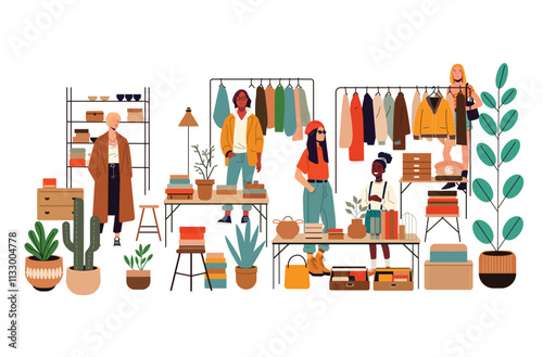 flea market scene featuring cartoon-style characters, showcasing the sale of second-hand items in a flat vector illustration. Perfect as a banner or backdrop design for promoting second-hand goods and