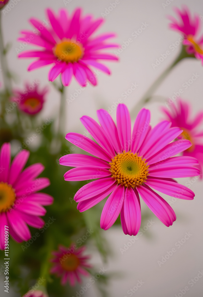 Obraz premium A close-up of vibrant pink daisy flowers in a bouquet, showcasing their bright color and delicate petals, perfect for floral and spring themes
