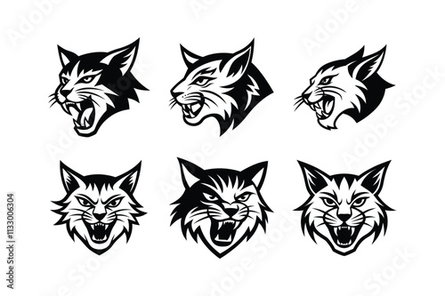 Various styles of a bobcat's logo, labeled linocut primitive vector design illustration.