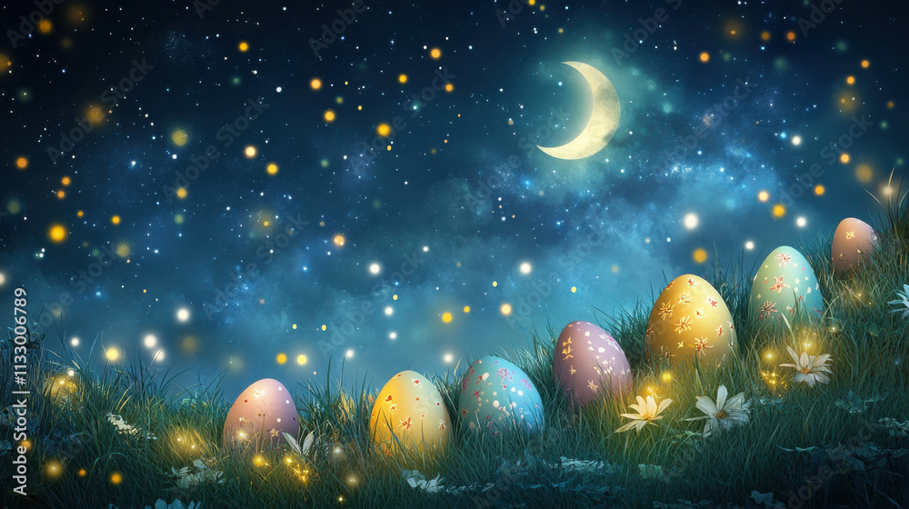 Fototapeta premium Magical night scene with colorful Easter eggs and glowing stars