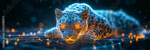 A cyber wildlife protection icon featuring a glowing snow leopard, representing online platforms studying endangered species and habitat conservation.   photo