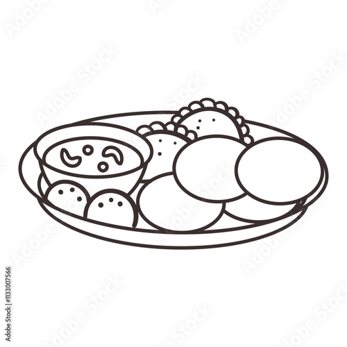A visually appealing line art illustration of a traditional Indian thali, a platter showcasing a variety of Indian dishes