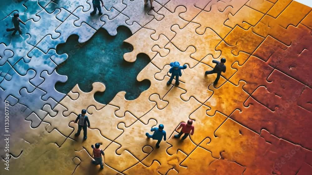 The Missing Piece: A captivating image of miniature figures on a large, colorful jigsaw puzzle, symbolizing teamwork, problem-solving, and the pursuit of a shared goal.