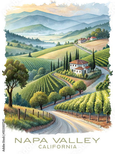 napa valley california travel poster watercolor illustration
