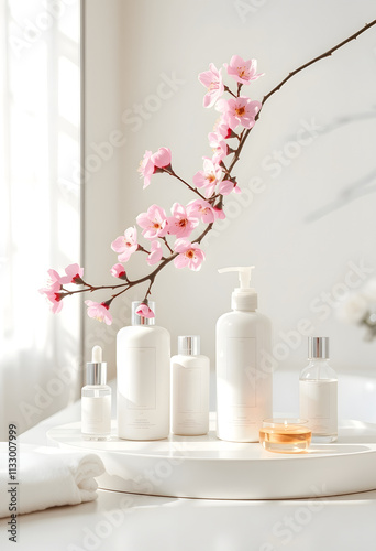 Cosmetic and beauty products for bath, spa in white bottles, branch of spring pink sakura flowers, toiletry on table in soft light white bathroom interior -