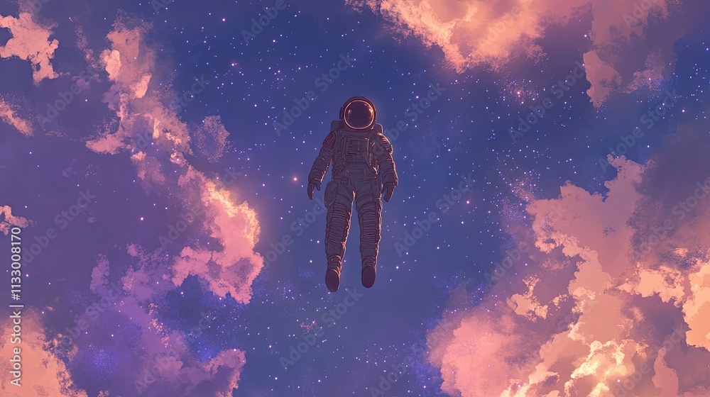 Obraz premium A serene view of an astronaut floating among nebula clouds and glittering constellations.