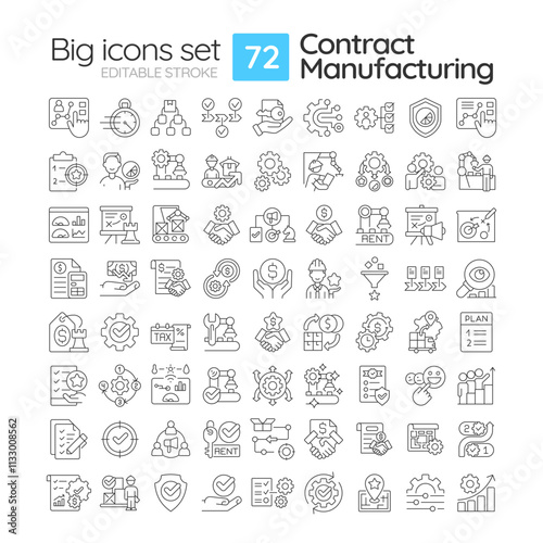 Contract manufacturing linear icons set. Production processes, agreements and workflows concepts. Customizable thin line symbols. Isolated vector outline illustrations. Editable stroke