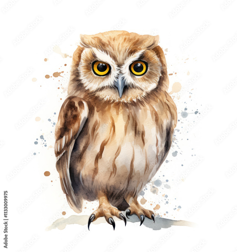 Fototapeta premium Charming owl in watercolor technique: soft colors and the expression of the eyes convey his innocence