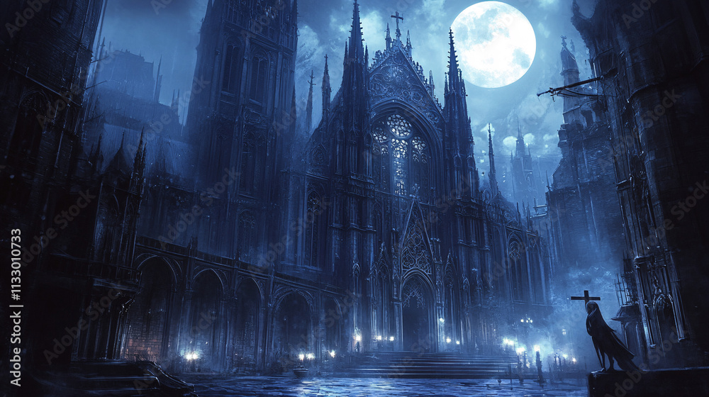 Obraz premium A dark, gothic cathedral illuminated by moonlight, with gargoyles perched on the edges and candles flickering inside. 