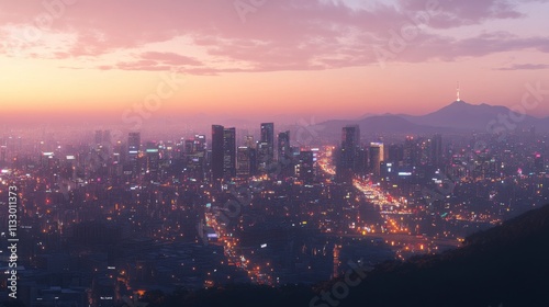 Panoramic View of a Vibrant City Skyline at Dusk with Glowing Lights, Mountains, and Clouds Creating a Serene and Beautiful Atmosphere