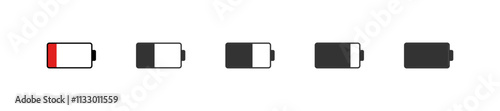 Battery charging phone set icon. Series of battery icons showing charge levels, from low to full. Vector isolated