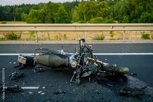 Fényképezés A motorcycle lies damaged on the road, surrounded by debris and the remnants of a crash