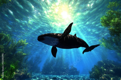 A beautifully rendered underwater scene showing the evolution of whales from land-dwelling ancestors