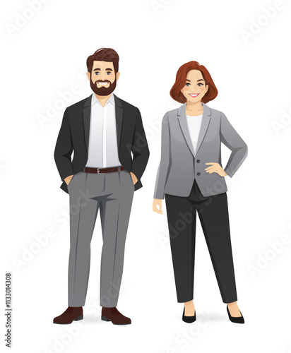 Business team. Casual business mature man and woman standing isolated vector illustration