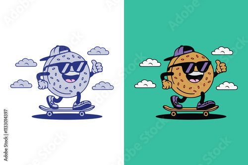 Cute Biscuits, cookie mascot character playing skateboard and retro character illustration 