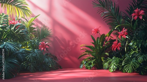 Colorful tropical walkway with vibrant flowers and sunlight photo
