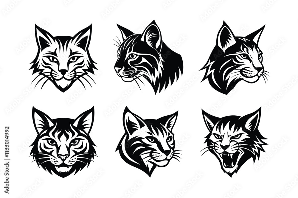 Fototapeta premium Various styles of a bobcat's logo, labeled linocut low vector design illustration.
