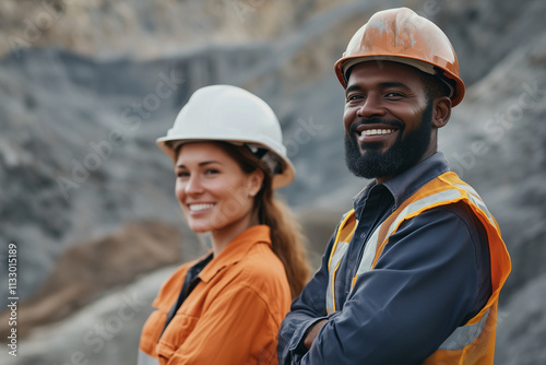smiling male and female workers on open cut mine site wearing hard hat, high vis vest, and ppe	