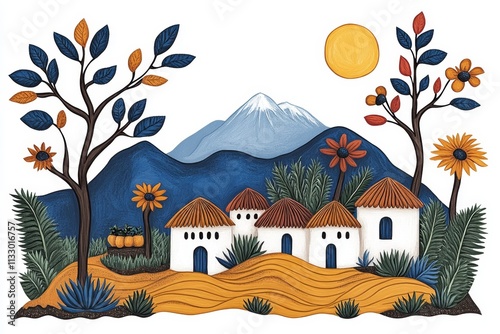 A colorful 2D illustration of an Ethiopian village with tukuls, terraced fields, and mountains in the background, set on a clean white canvas photo