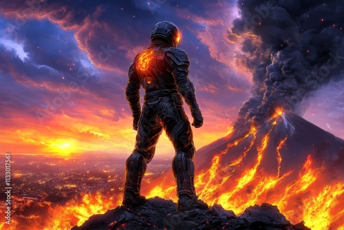 A corrupted hero standing atop a mountain, their armor tarnished and glowing with dark energy, overlooking a burning village photo