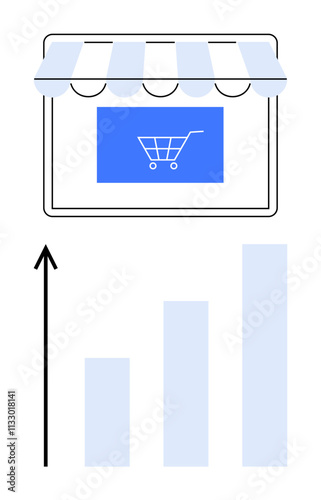 Storefront canopy shopping cart icon upward arrow, rising bar chart. Ideal for online retail, market trends, sales growth, digital commerce, business success, economic expansion, profitability