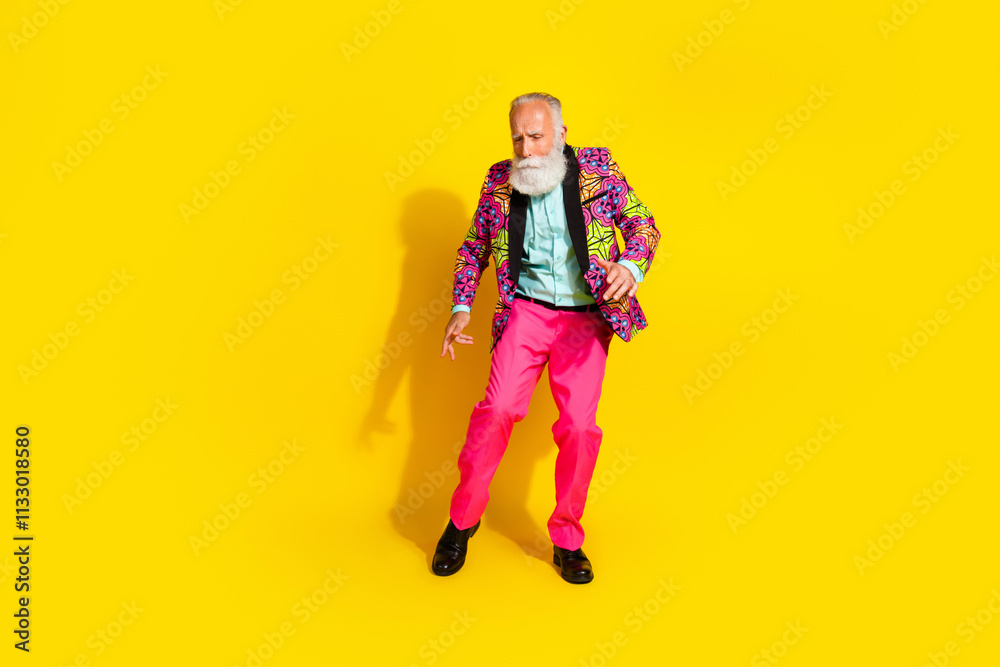Full size photo of handsome pensioner mister dancing enjoy party dressed stylish colorful pink classy garment isolated on yellow background Full size photo of handsome pensioner mister dancing enjoy party dressed stylish colorful pink classy garment isolated on yellow background