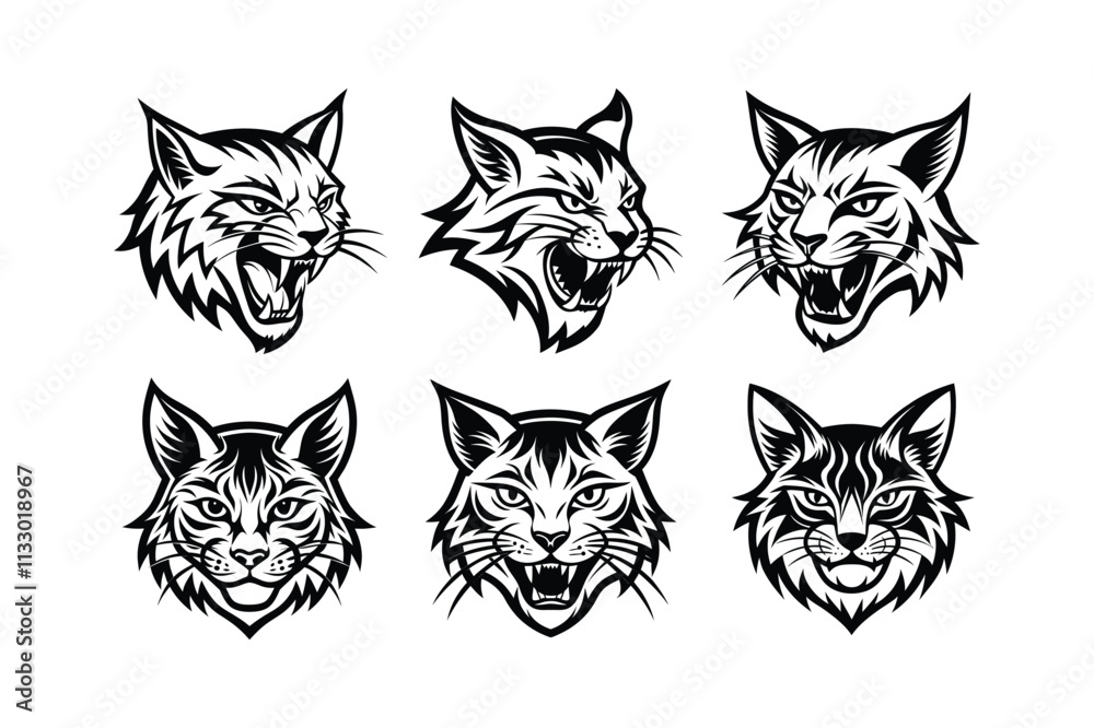 Fototapeta premium Various styles of a bobcat's logo, labeled linocut medium vector design illustration.