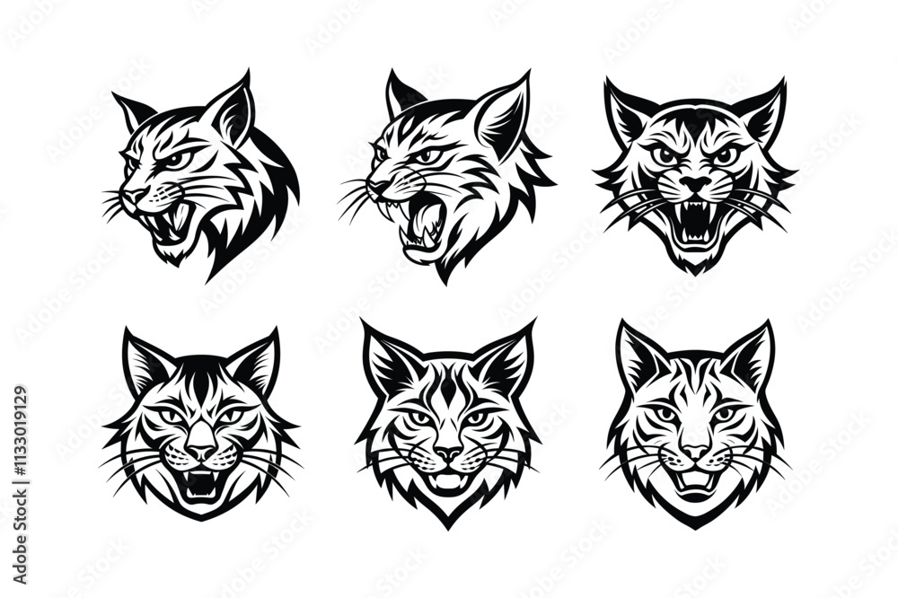Obraz premium Various styles of a bobcat's logo, labeled linocut medium vector design illustration.