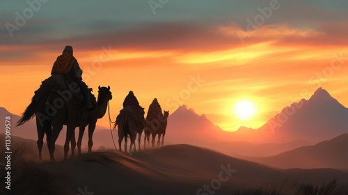 Camel caravan journeying at sunset desolate dunes digital art serene landscape adventure concept for travel enthusiasts photo